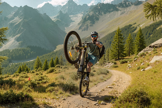 Matte RZOGUWEX RX700 off-road electric mountain bike, bearded male cyclist doing wheelie on rugged mountain dirt path surrounded by green conifer woods and towering rocky peaks