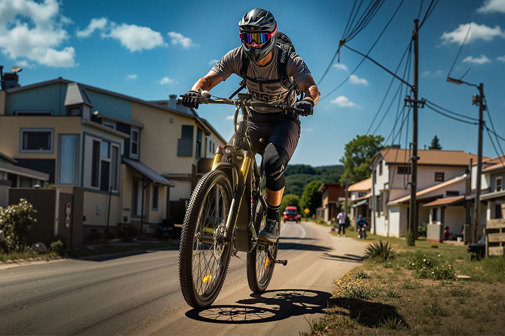 Dynamic suburban motion shot of fully geared rider speeding on matte grey RZOGUWEX RX700 full-suspension electric mountain bike down residential street.