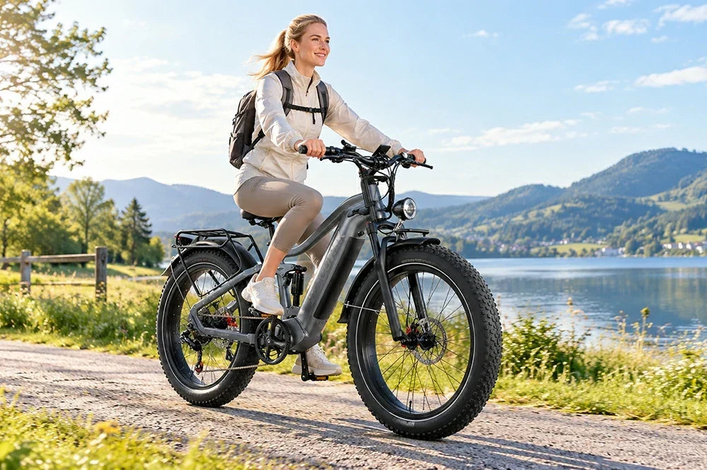 Woman with backpack riding RZOGUWEX S7 fat tire electric bike beside scenic lake and mountains