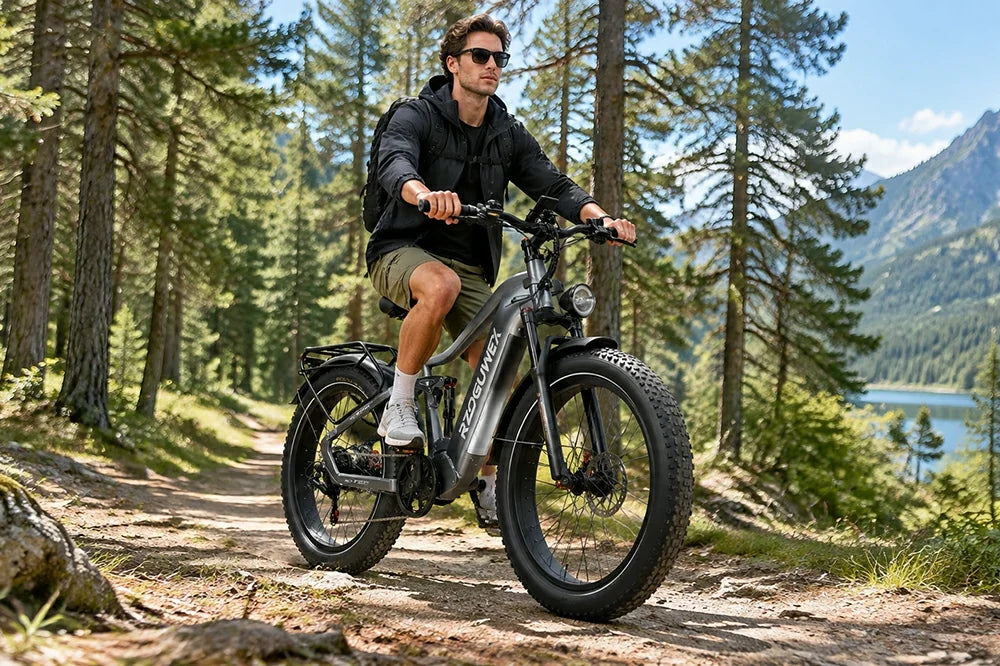 Man riding RZOGUWEX S7 fat tire electric bike on forest dirt trail with lake and mountains.