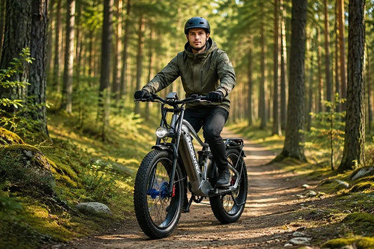 Man riding RZOGUWEX S7 fat tire electric bike on sun-dappled forest dirt trail.