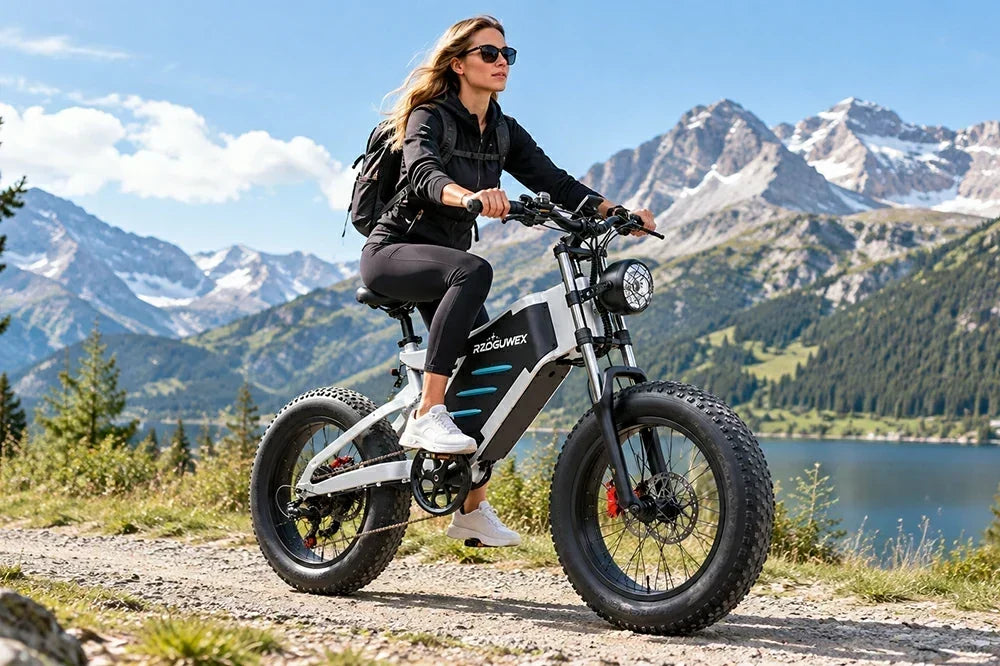 Woman riding RZOGUWEX X5 fat tire electric bike on mountain trail beside lake, alpine mountain background