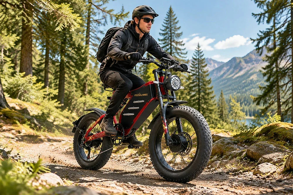 Man riding RZOGUWEX X7 fat tire electric bike on mountain forest trail, alpine mountains and lake background.