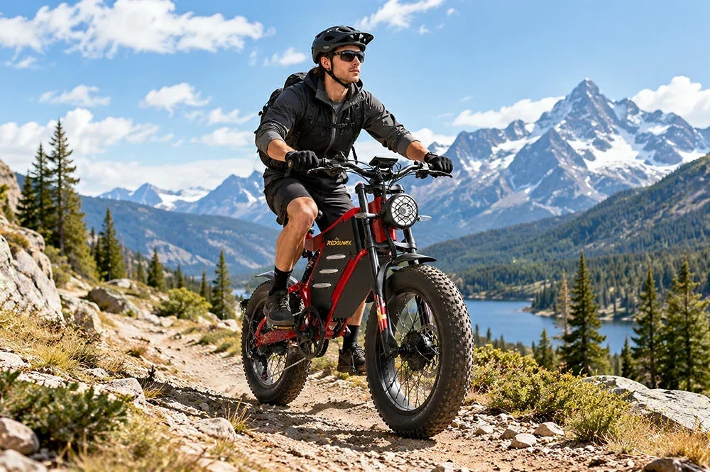 Man riding RZOGUWEX X7 electric bike on mountain trail with lake and snow peaks.