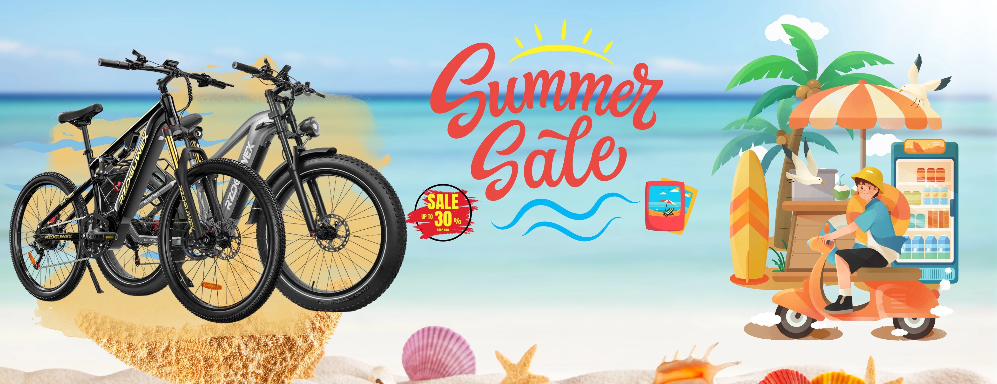 Beach-themed RZOGUWEX Summer Sale wide web banner, two model electric mountain bikes featured, discount up to 30% off, tropical seaside cartoon decor.