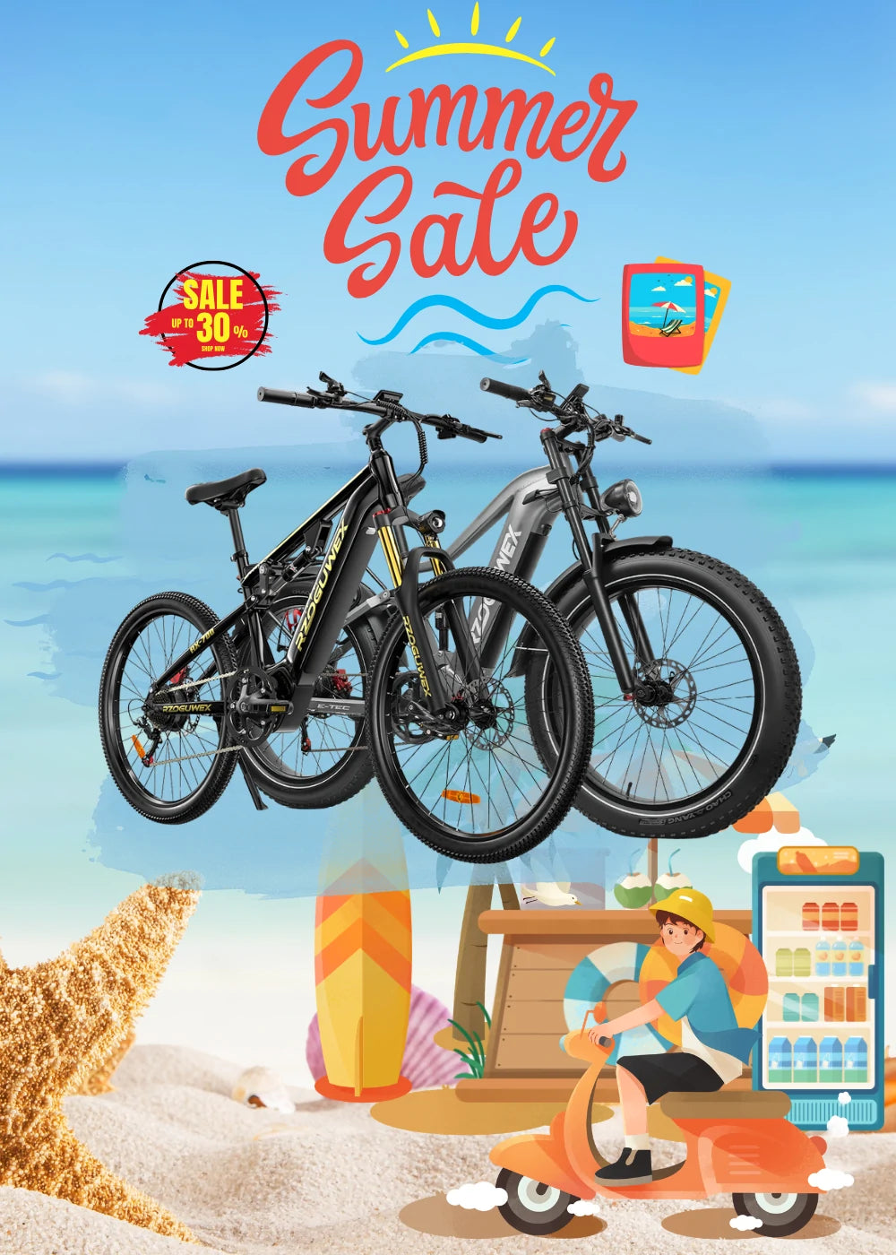 Portrait-format RZOGUWEX Summer Sale social media poster showcasing 2 electric mountain bikes, tropical beach cartoon artwork with up to 30% markdown.